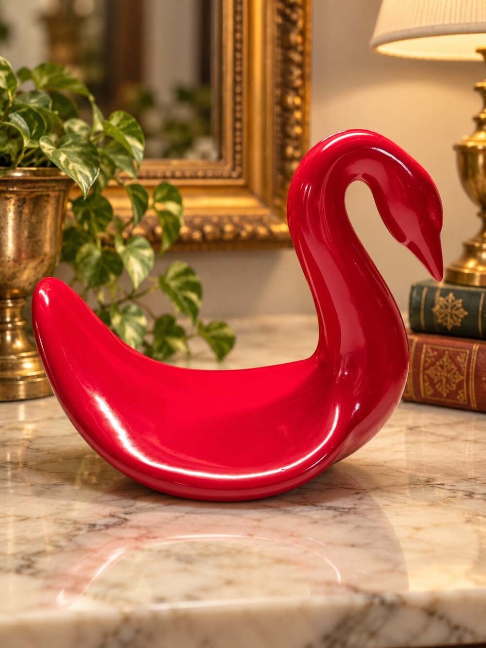 Vintage Glossy Red Ceramic Swan Hand Towel Holder Dish